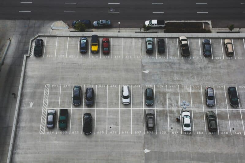 A parking lot showing empty parking spots